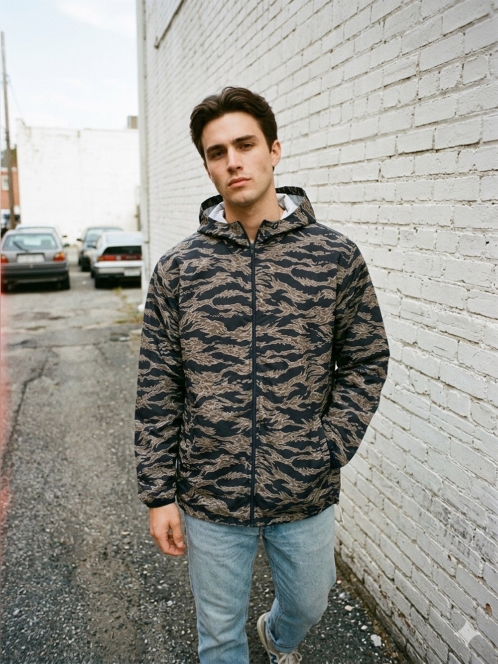 ELWOOD Flame Camo Windbreaker Jacket Hooded Zip Up Streetwear Lightweight Sz L